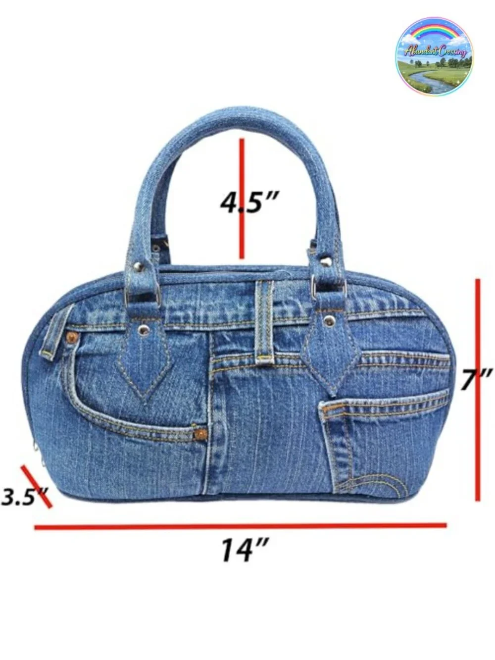 Upcycled Denim Curved Satchel Top Handle Handbag Purse